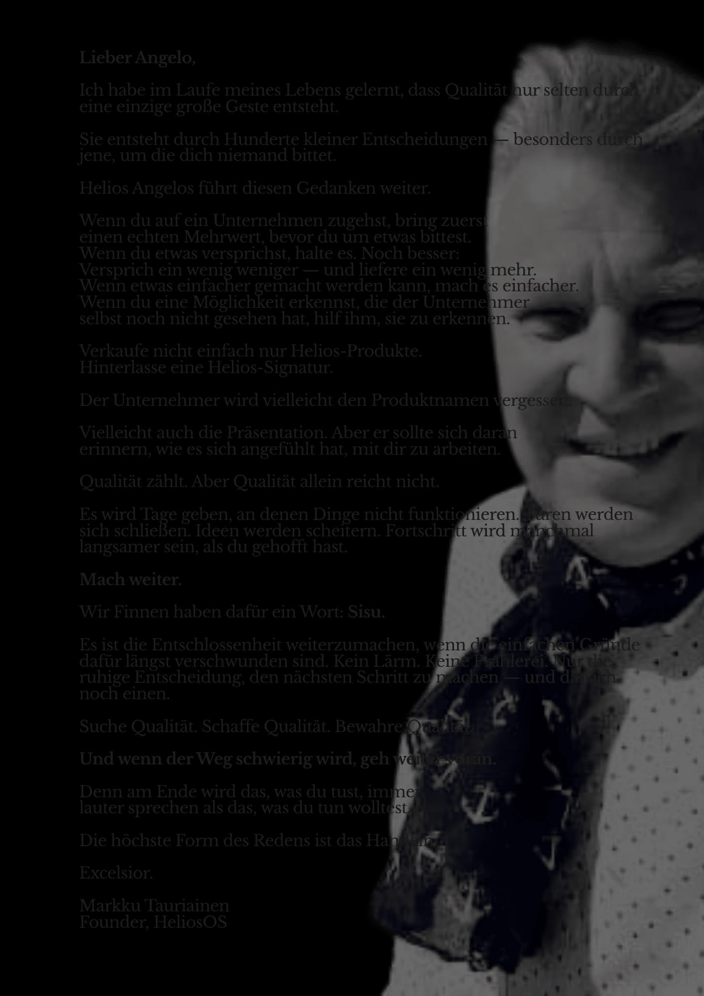 Brief von Markku Tauriainen an einen zukünftigen Helios Angelo