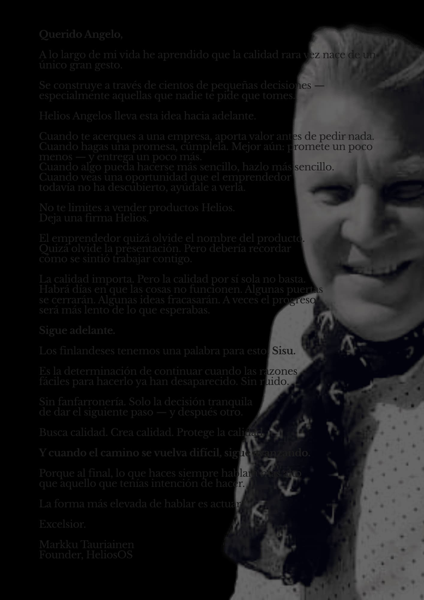 Carta de Markku Tauriainen a un futuro Helios Angelo