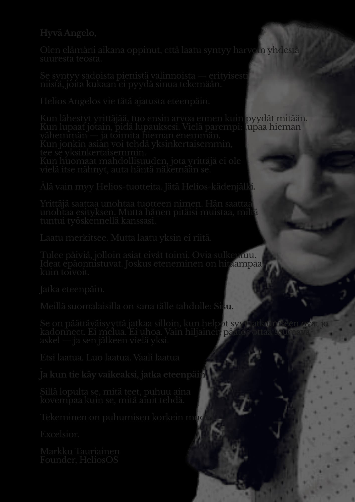 Markku Tauriaisen kirje tulevalle Helios Angelolle